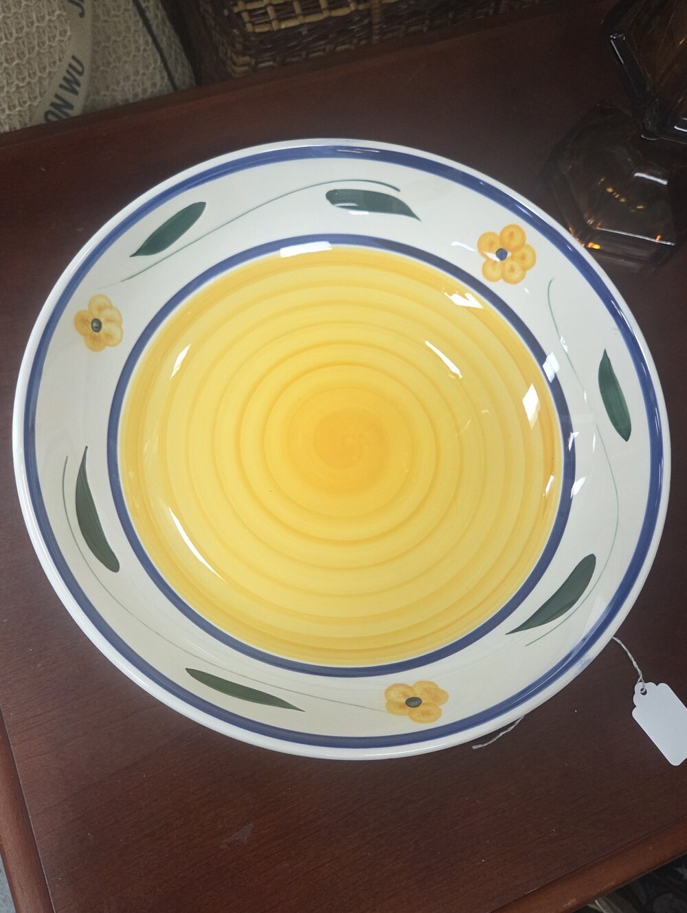 Roma Yellow Floral Ceramic Serving Bowl with Blue Trim